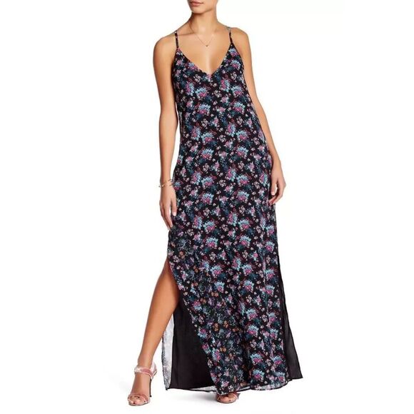 NWT WALTER BAKER Black Blue Pink Floral Print V-Neck Side Slit Maxi Dress Size 4 - Picture 1 of 8